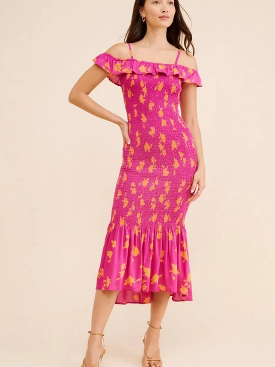 By Anthropologie Floral Pink Off-Shoulder Midi Dress Summer Wedding XXS - Picture 2 of 11